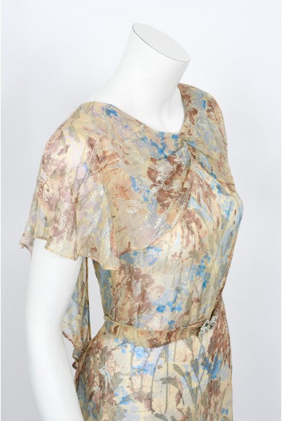 1930&#39;s Metallic Floral Semi-Sheer Lamé Silk Capelet Drape Belted Gown