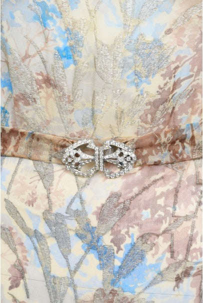 1930&#39;s Metallic Floral Semi-Sheer Lamé Silk Capelet Drape Belted Gown