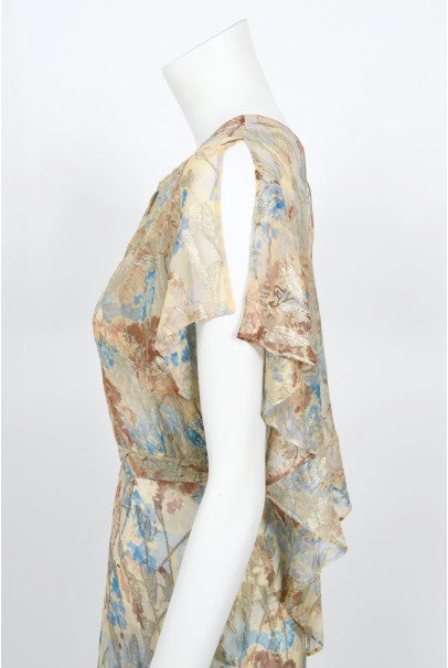 1930&#39;s Metallic Floral Semi-Sheer Lamé Silk Capelet Drape Belted Gown