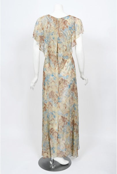 1930&#39;s Metallic Floral Semi-Sheer Lamé Silk Capelet Drape Belted Gown