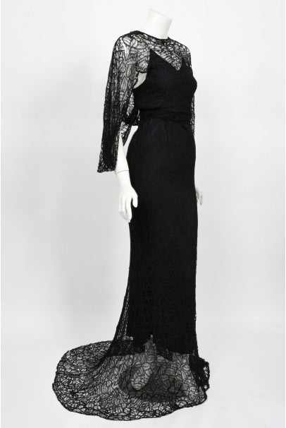 1930's Molyneux Haute Couture Black Lace Winged Sleeve Bias-Cut Gown