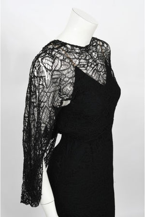 1930's Molyneux Haute Couture Black Lace Winged Sleeve Bias-Cut Gown