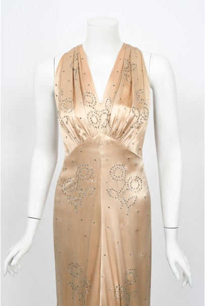 1930&#39;s Rhinestone Studded Blush Silk Satin Old Hollywood Bias-Cut Gown