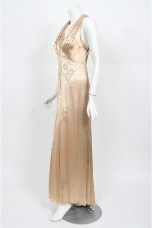 1930's Rhinestone Studded Blush Silk Satin Old Hollywood Bias-Cut Gown