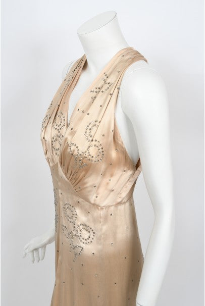 1930&#39;s Rhinestone Studded Blush Silk Satin Old Hollywood Bias-Cut Gown