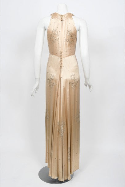 1930's Rhinestone Studded Blush Silk Satin Old Hollywood Bias-Cut Gown -  Timeless Vixen