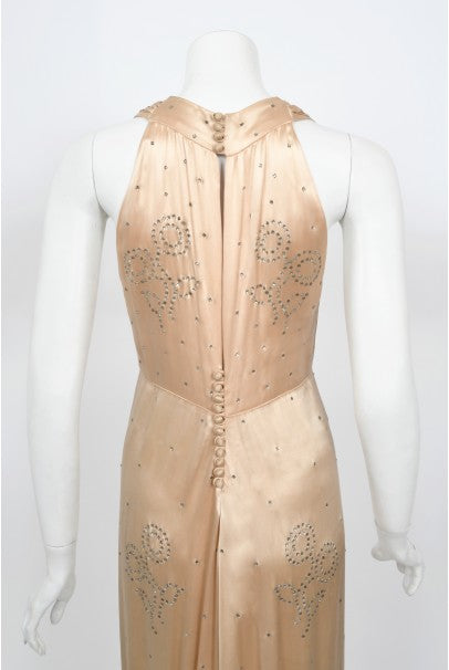 1930&#39;s Rhinestone Studded Blush Silk Satin Old Hollywood Bias-Cut Gown