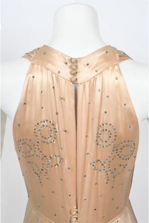 1930's Rhinestone Studded Blush Silk Satin Old Hollywood Bias-Cut Gown