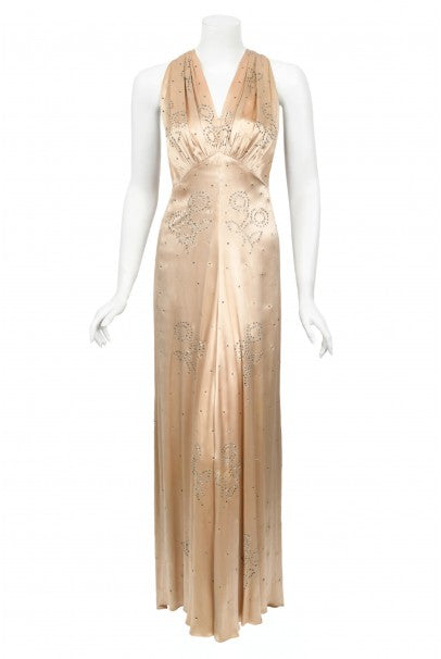 1930&#39;s Rhinestone Studded Blush Silk Satin Old Hollywood Bias-Cut Gown