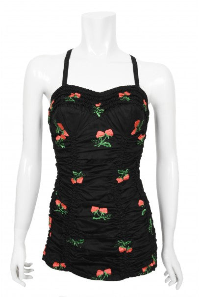 1950&#39;s Jantzen Embroidered Novelty Strawberries Swimsuit &amp; Cover Up