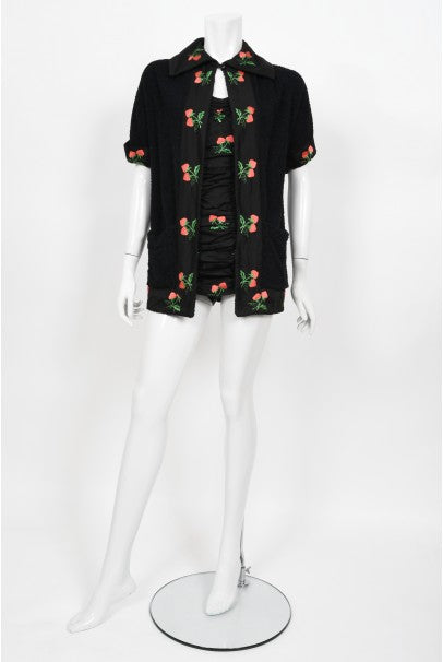 1950&#39;s Jantzen Embroidered Novelty Strawberries Swimsuit &amp; Cover Up