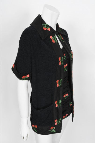 1950&#39;s Jantzen Embroidered Novelty Strawberries Swimsuit &amp; Cover Up