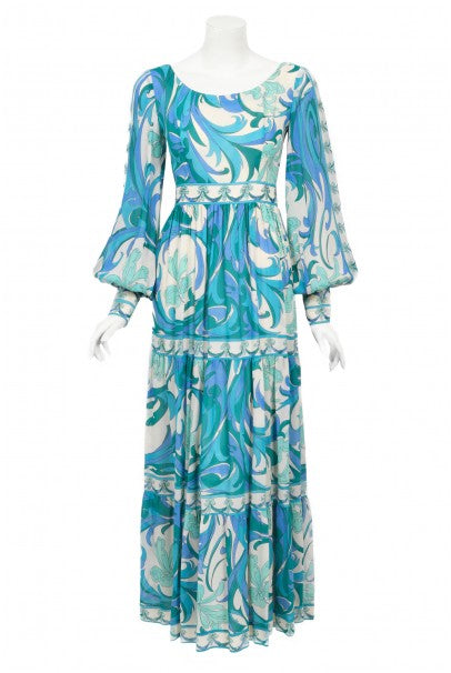 1970&#39;s Emilio Pucci Blue Psychedelic Print Silk Billow-Sleeve Maxi Dress