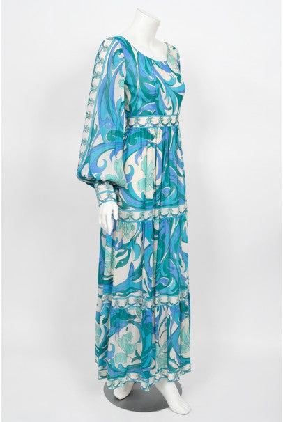 1970's Emilio Pucci Blue Psychedelic Print Silk Billow-Sleeve Maxi