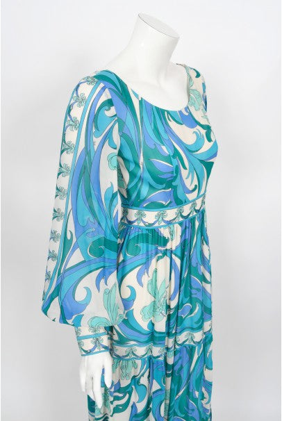 1970&#39;s Emilio Pucci Blue Psychedelic Print Silk Billow-Sleeve Maxi Dress