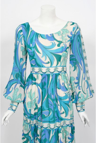 1970&#39;s Emilio Pucci Blue Psychedelic Print Silk Billow-Sleeve Maxi Dress