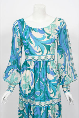 1970's Emilio Pucci Blue Psychedelic Print Silk Billow-Sleeve Maxi Dress