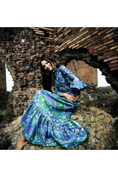 1970's Emilio Pucci Blue Psychedelic Print Silk Billow-Sleeve Maxi Dre