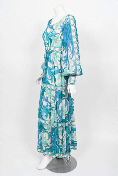 EMILIO PUCCI★素敵！Floral Grasshopper Blue Maxi Dress EMILIO PUCCI Floral Grasshopper Blue Silk Jersey Gown Maxi