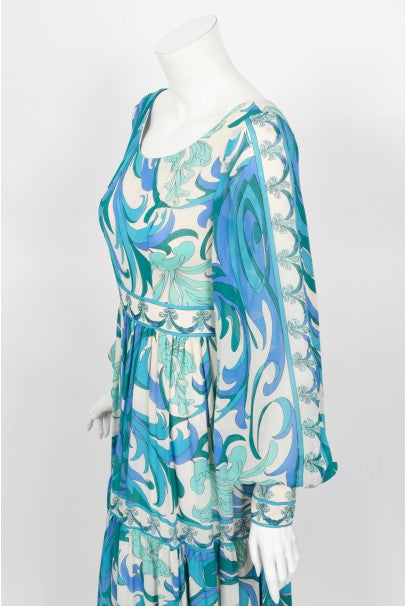 1970&#39;s Emilio Pucci Blue Psychedelic Print Silk Billow-Sleeve Maxi Dress