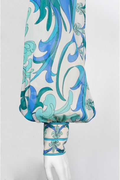 1970&#39;s Emilio Pucci Blue Psychedelic Print Silk Billow-Sleeve Maxi Dress