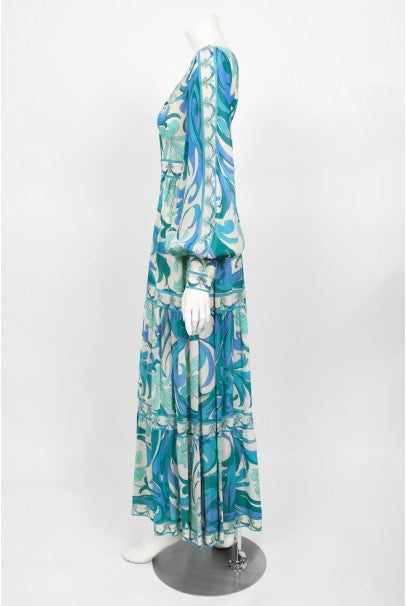 1970&#39;s Emilio Pucci Blue Psychedelic Print Silk Billow-Sleeve Maxi Dress