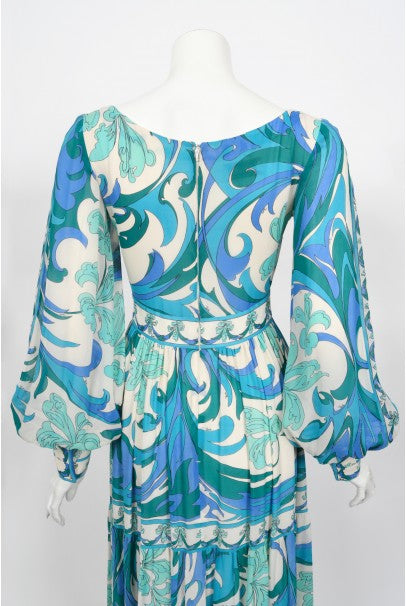 1970&#39;s Emilio Pucci Blue Psychedelic Print Silk Billow-Sleeve Maxi Dress