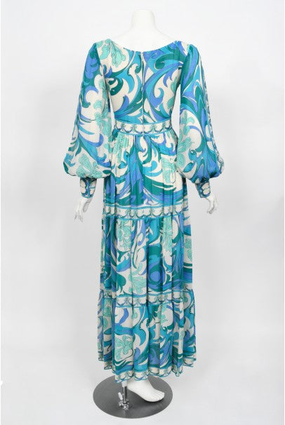 1970&#39;s Emilio Pucci Blue Psychedelic Print Silk Billow-Sleeve Maxi Dress