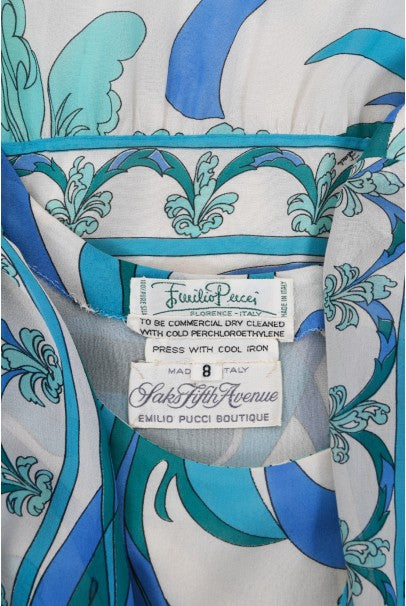 1970&#39;s Emilio Pucci Blue Psychedelic Print Silk Billow-Sleeve Maxi Dress
