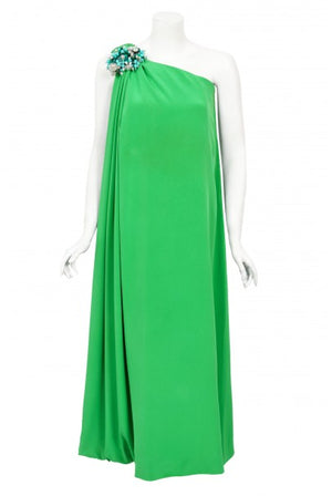 1974 Pierre Cardin Haute Couture Green Silk One-Shoulder Goddess Gown