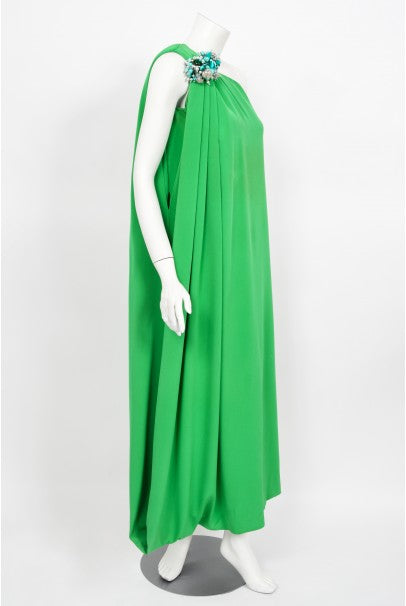 1974 Pierre Cardin Haute Couture Green Silk One-Shoulder Goddess Gown