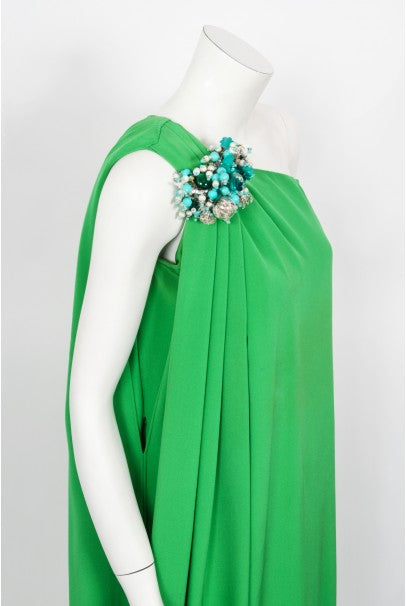 1974 Pierre Cardin Haute Couture Green Silk One-Shoulder Goddess Gown - Timeless Vixen 1974 Pierre Cardin Haute Couture Green Silk One-Shoulder Goddess Gown - Timeless Vixen
