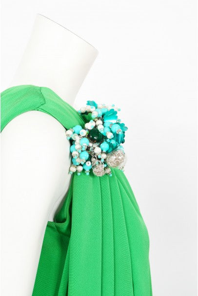 1974 Pierre Cardin Haute Couture Green Silk One-Shoulder Goddess Gown