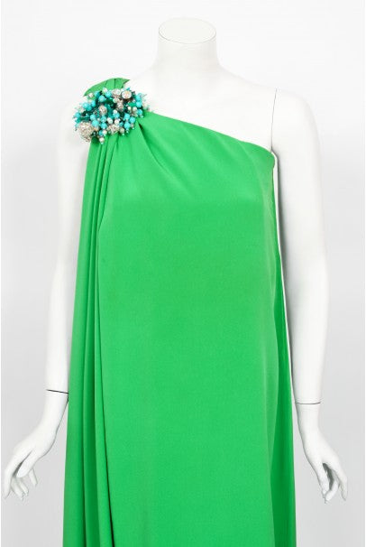 1974 Pierre Cardin Haute Couture Green Silk One-Shoulder Goddess Gown