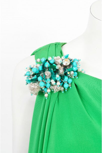1974 Pierre Cardin Haute Couture Green Silk One-Shoulder Goddess Gown