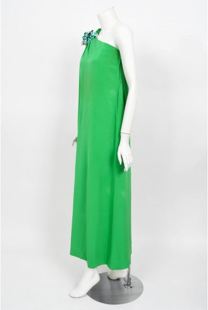 1974 Pierre Cardin Haute Couture Green Silk One-Shoulder Goddess Gown