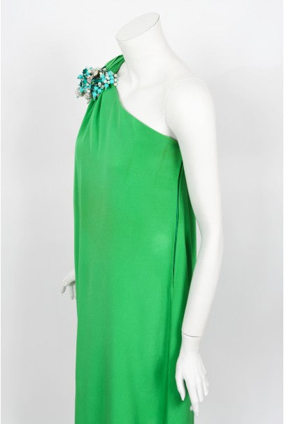 1974 Pierre Cardin Haute Couture Green Silk One-Shoulder Goddess Gown