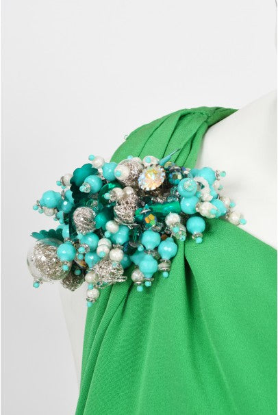 1974 Pierre Cardin Haute Couture Green Silk One-Shoulder Goddess Gown