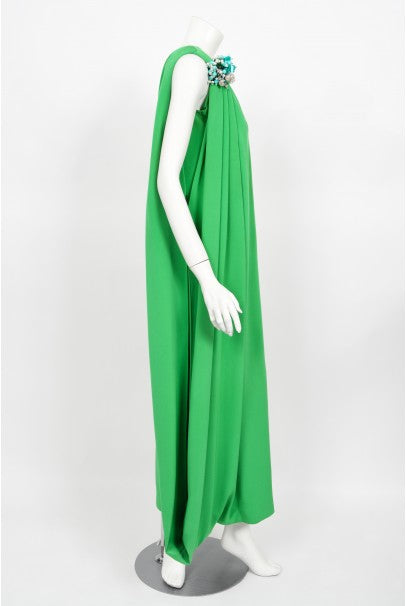 1974 Pierre Cardin Haute Couture Green Silk One-Shoulder Goddess Gown