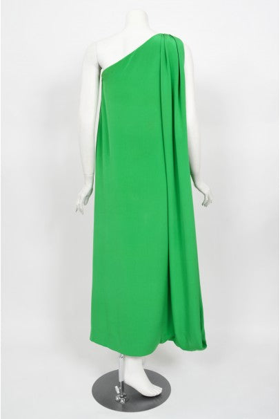 1974 Pierre Cardin Haute Couture Green Silk One-Shoulder Goddess Gown