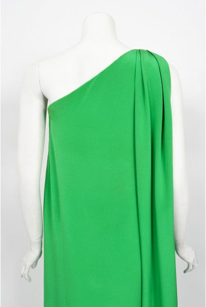 1974 Pierre Cardin Haute Couture Green Silk One-Shoulder Goddess Gown