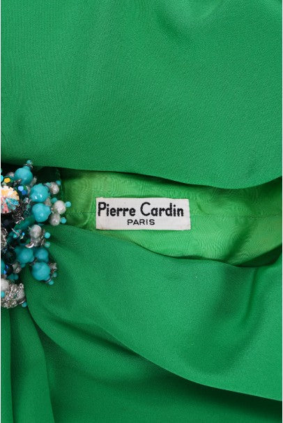 1974 Pierre Cardin Haute Couture Green Silk One-Shoulder Goddess Gown