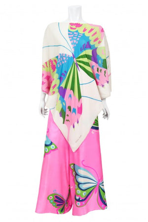 1967 Hanae Mori Psychedelic Butterfly Print Silk Caftan Blouse & Pants