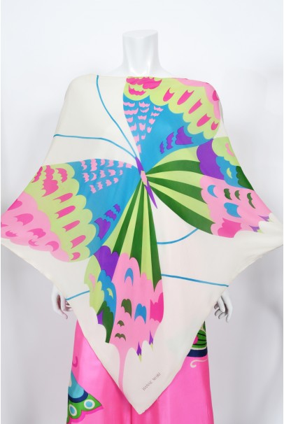 1967 Hanae Mori Psychedelic Butterfly Print Silk Caftan