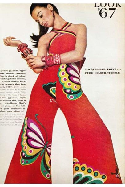 1967 Hanae Mori Psychedelic Butterfly Print Silk Caftan Blouse & Pants