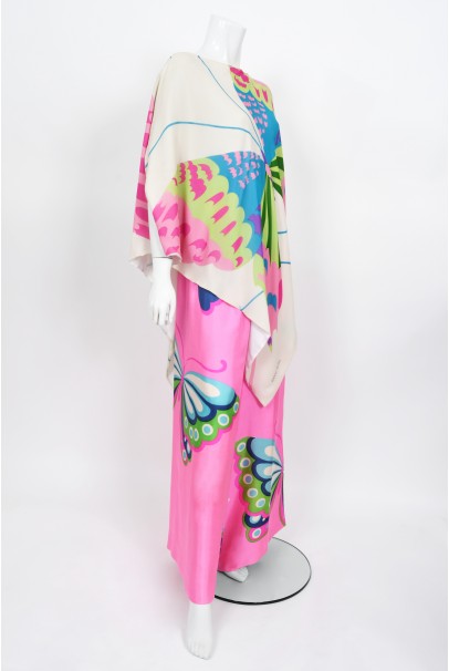 1967 Hanae Mori Psychedelic Butterfly Print Silk Caftan Blouse &amp; Pants