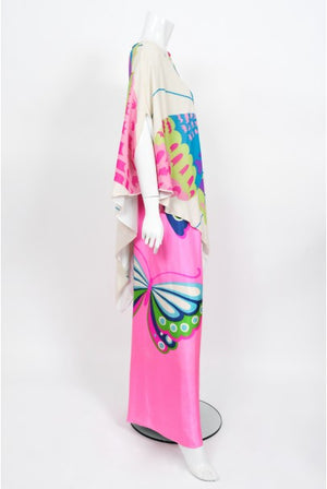 1967 Hanae Mori Psychedelic Butterfly Print Silk Caftan Blouse & Pants