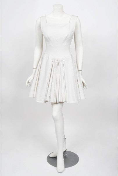 1990 Azzedine Alaia Ivory White Waffle-Cotton Backless Skater Mini Dress
