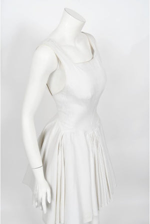1990 Azzedine Alaia Ivory White Waffle-Cotton Backless Skater Mini Dress