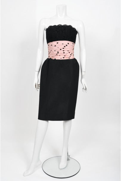 1988 Chanel by Karl Lagerfeld Black Lace & Pink Polka-Dot Silk Dress